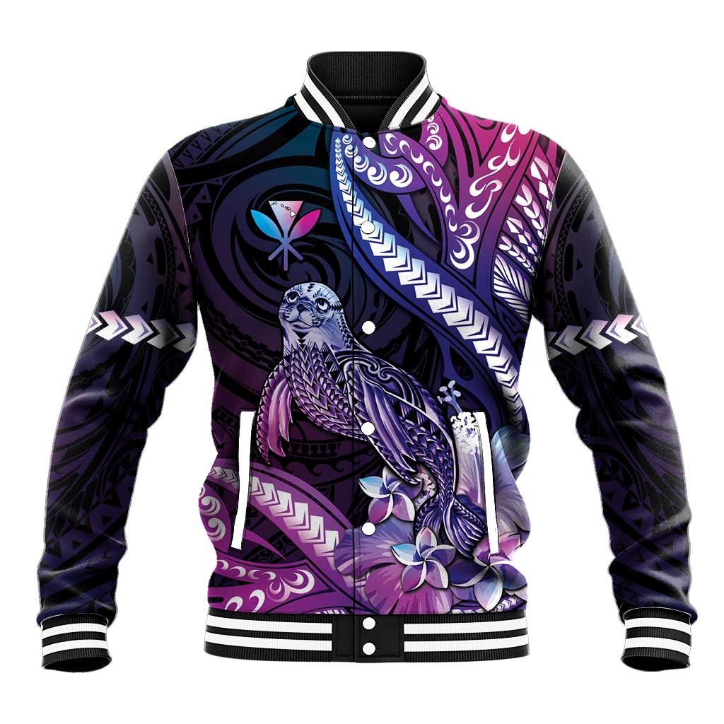 Hawaiian Monk Seal Baseball Jacket Kakau Tribal Pattern Violet Gradient LT05 Unisex Violet - Polynesian Pride