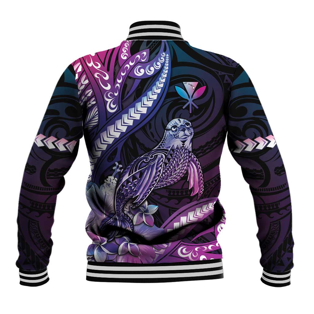 Hawaiian Monk Seal Baseball Jacket Kakau Tribal Pattern Violet Gradient LT05 - Polynesian Pride