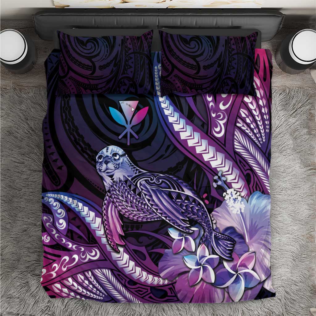 Hawaiian Monk Seal Bedding Set Kakau Tribal Pattern Violet Gradient