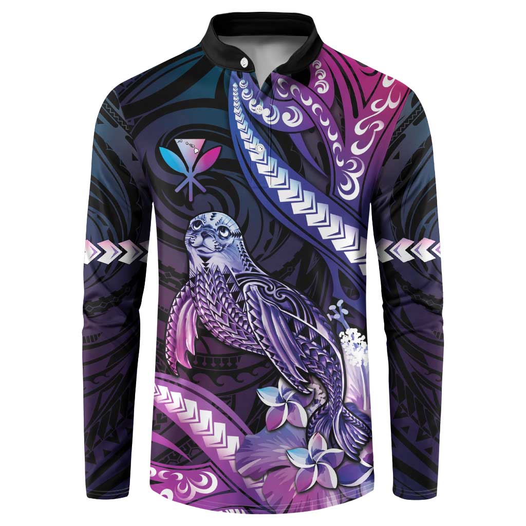 Hawaiian Monk Seal Button Sweatshirt Kakau Tribal Pattern Violet Gradient LT05 Violet - Polynesian Pride