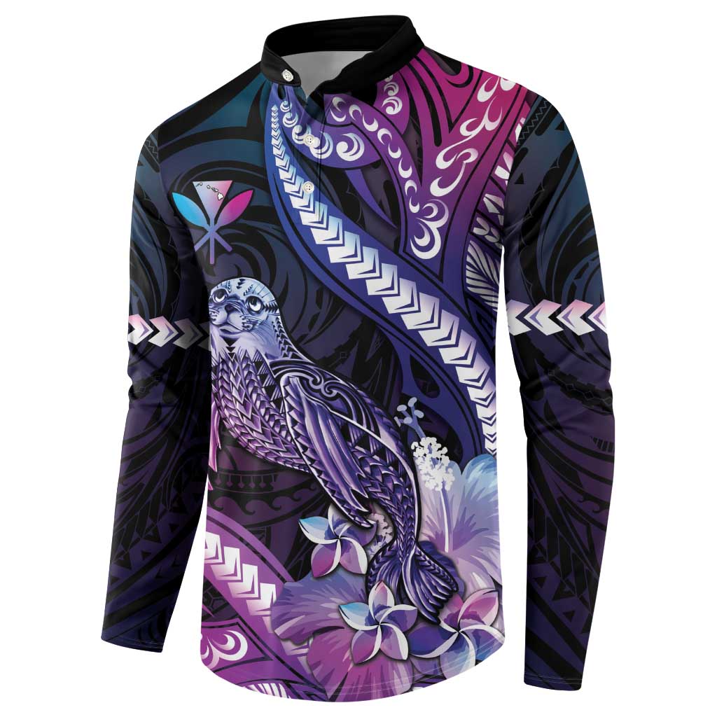 Hawaiian Monk Seal Button Sweatshirt Kakau Tribal Pattern Violet Gradient LT05 - Polynesian Pride