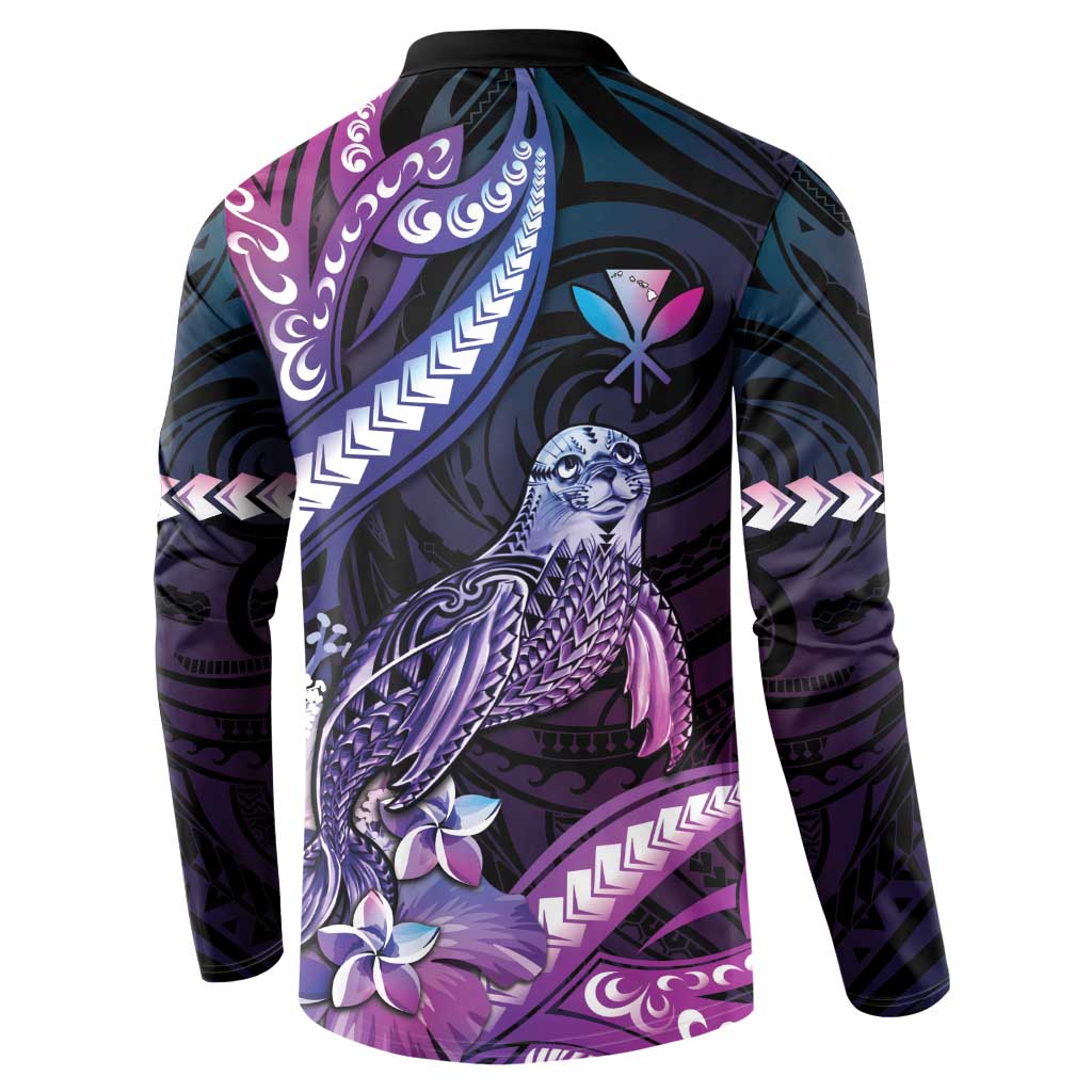 Hawaiian Monk Seal Button Sweatshirt Kakau Tribal Pattern Violet Gradient LT05 - Polynesian Pride