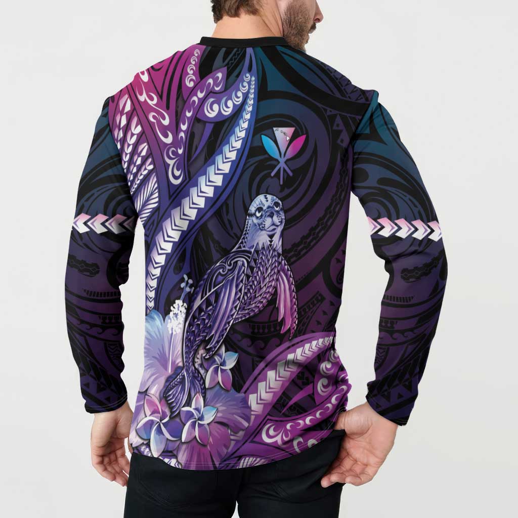 Hawaiian Monk Seal Button Sweatshirt Kakau Tribal Pattern Violet Gradient LT05 - Polynesian Pride