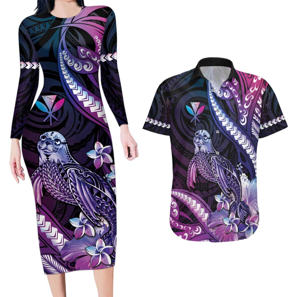 Hawaiian Monk Seal Couples Matching Long Sleeve Bodycon Dress and Hawaiian Shirt Kakau Tribal Pattern Violet Gradient LT05 Violet - Polynesian Pride
