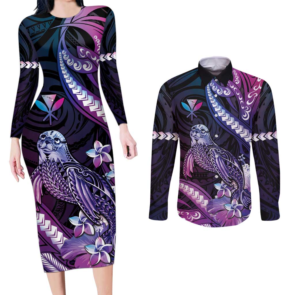 Hawaiian Monk Seal Couples Matching Long Sleeve Bodycon Dress and Long Sleeve Button Shirt Kakau Tribal Pattern Violet Gradient LT05 Violet - Polynesian Pride