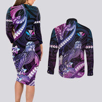 Hawaiian Monk Seal Couples Matching Long Sleeve Bodycon Dress and Long Sleeve Button Shirt Kakau Tribal Pattern Violet Gradient LT05 - Polynesian Pride