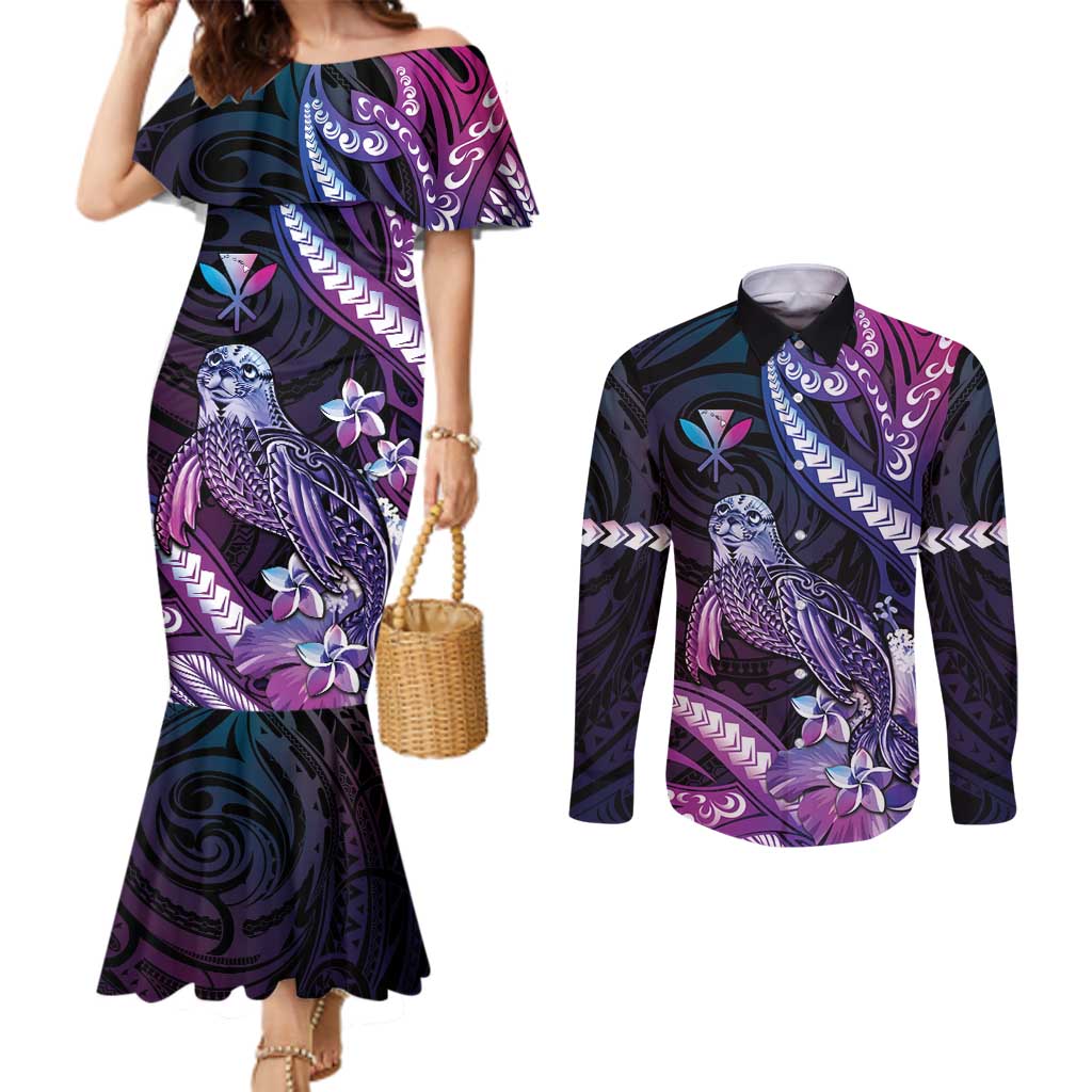 Hawaiian Monk Seal Couples Matching Mermaid Dress and Long Sleeve Button Shirt Kakau Tribal Pattern Violet Gradient LT05 Violet - Polynesian Pride