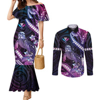 Hawaiian Monk Seal Couples Matching Mermaid Dress and Long Sleeve Button Shirt Kakau Tribal Pattern Violet Gradient LT05 Violet - Polynesian Pride