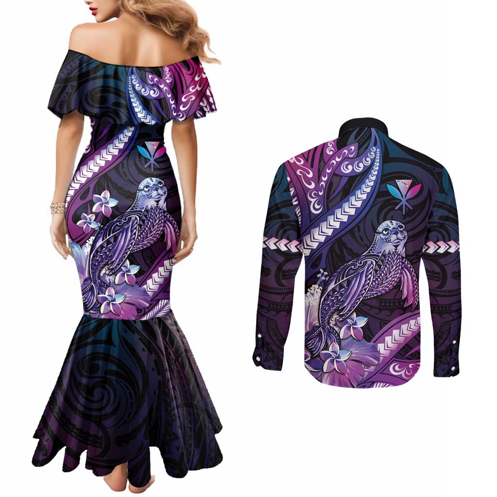 Hawaiian Monk Seal Couples Matching Mermaid Dress and Long Sleeve Button Shirt Kakau Tribal Pattern Violet Gradient LT05 - Polynesian Pride