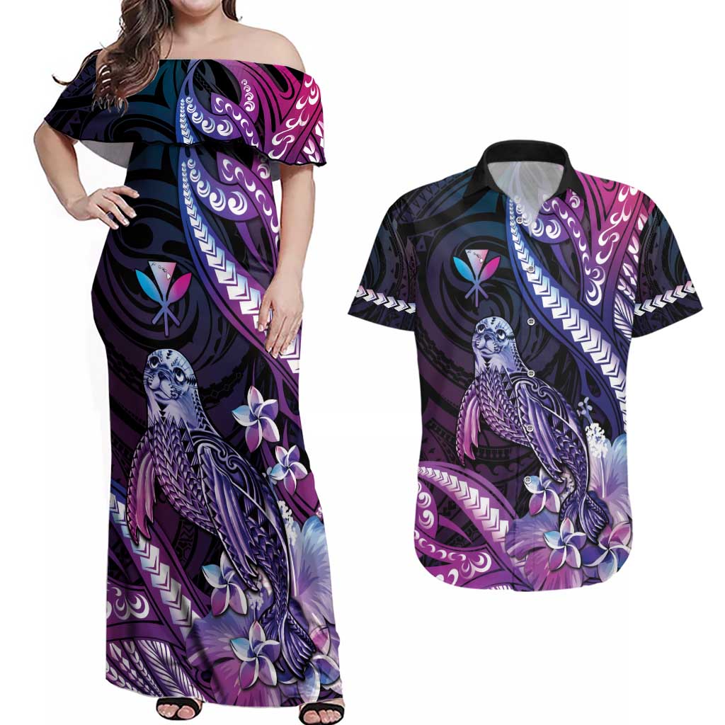 Hawaiian Monk Seal Couples Matching Off Shoulder Maxi Dress and Hawaiian Shirt Kakau Tribal Pattern Violet Gradient