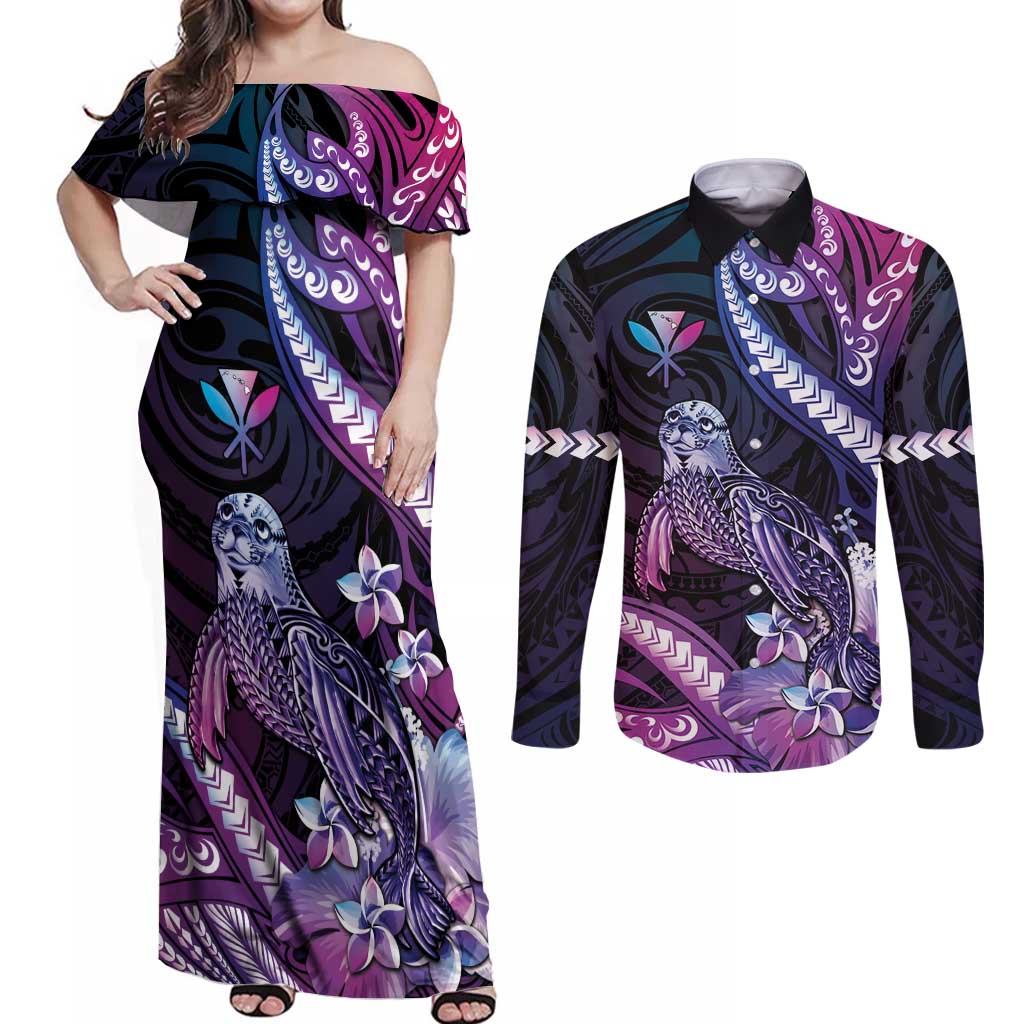 Hawaiian Monk Seal Couples Matching Off Shoulder Maxi Dress and Long Sleeve Button Shirt Kakau Tribal Pattern Violet Gradient LT05 Violet - Polynesian Pride