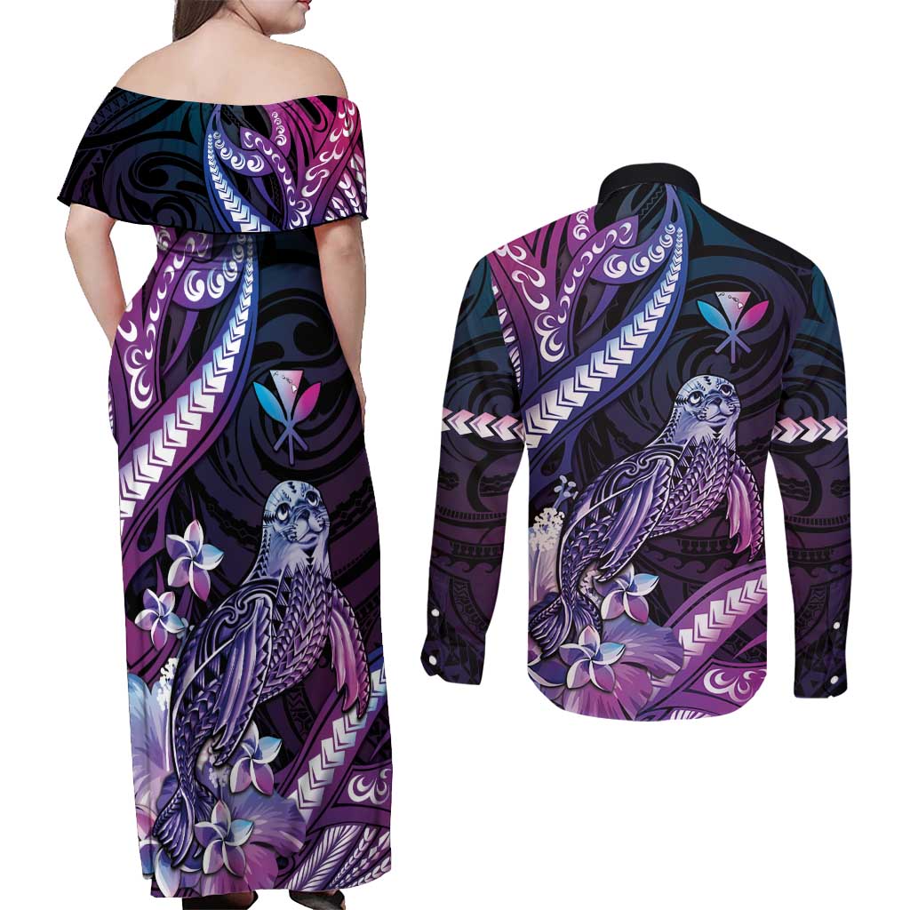 Hawaiian Monk Seal Couples Matching Off Shoulder Maxi Dress and Long Sleeve Button Shirt Kakau Tribal Pattern Violet Gradient LT05 - Polynesian Pride