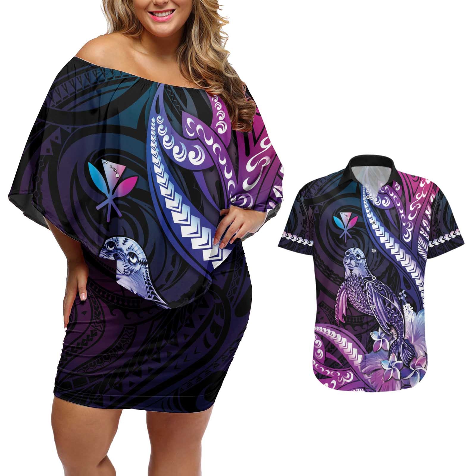 Hawaiian Monk Seal Couples Matching Off Shoulder Short Dress and Hawaiian Shirt Kakau Tribal Pattern Violet Gradient LT05 Violet - Polynesian Pride