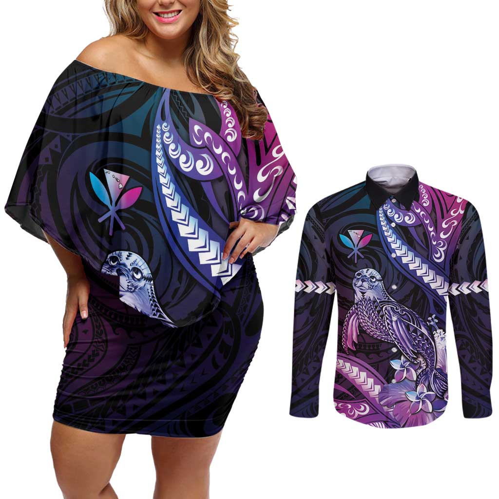Hawaiian Monk Seal Couples Matching Off Shoulder Short Dress and Long Sleeve Button Shirt Kakau Tribal Pattern Violet Gradient LT05 Violet - Polynesian Pride