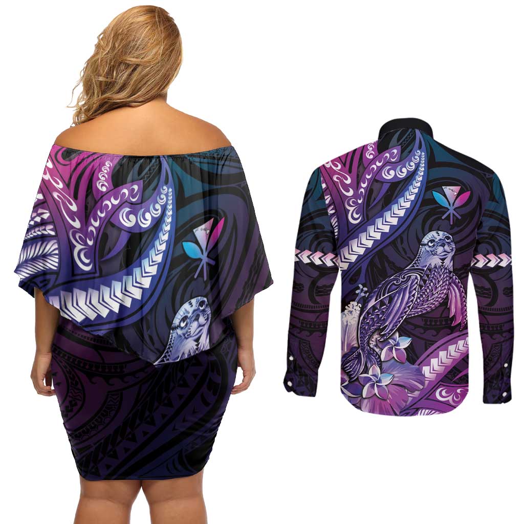 Hawaiian Monk Seal Couples Matching Off Shoulder Short Dress and Long Sleeve Button Shirt Kakau Tribal Pattern Violet Gradient LT05 - Polynesian Pride