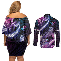 Hawaiian Monk Seal Couples Matching Off Shoulder Short Dress and Long Sleeve Button Shirt Kakau Tribal Pattern Violet Gradient LT05 - Polynesian Pride