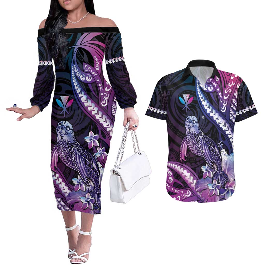 Hawaiian Monk Seal Couples Matching Off The Shoulder Long Sleeve Dress and Hawaiian Shirt Kakau Tribal Pattern Violet Gradient LT05 Violet - Polynesian Pride