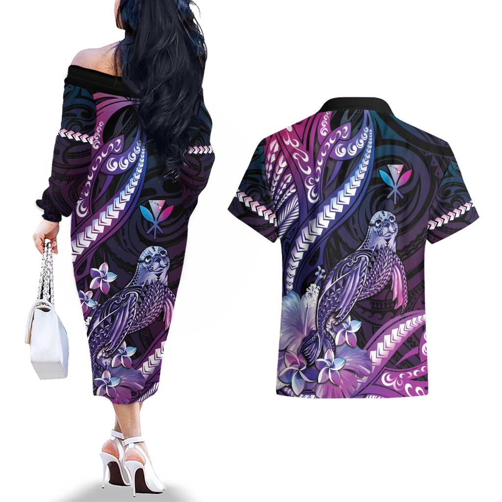 Hawaiian Monk Seal Couples Matching Off The Shoulder Long Sleeve Dress and Hawaiian Shirt Kakau Tribal Pattern Violet Gradient LT05 - Polynesian Pride