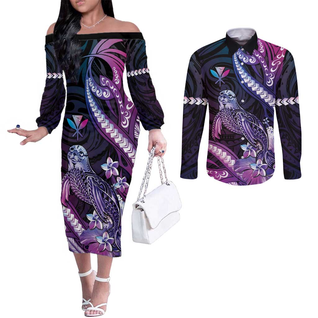 Hawaiian Monk Seal Couples Matching Off The Shoulder Long Sleeve Dress and Long Sleeve Button Shirt Kakau Tribal Pattern Violet Gradient LT05 Violet - Polynesian Pride