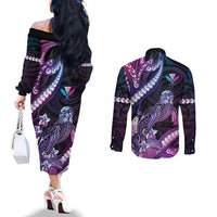 Hawaiian Monk Seal Couples Matching Off The Shoulder Long Sleeve Dress and Long Sleeve Button Shirt Kakau Tribal Pattern Violet Gradient LT05 - Polynesian Pride