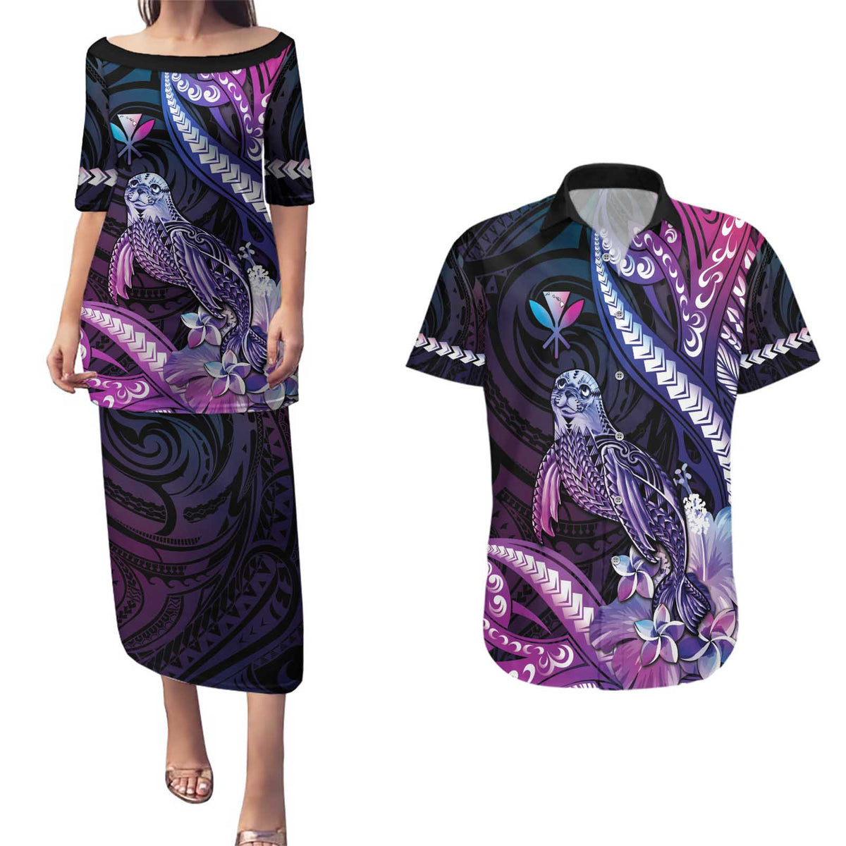 Hawaiian Monk Seal Couples Matching Puletasi and Hawaiian Shirt Kakau Tribal Pattern Violet Gradient LT05 Violet - Polynesian Pride