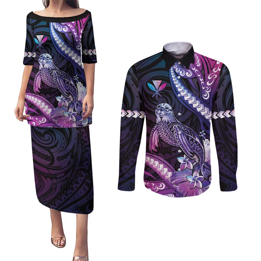 Hawaiian Monk Seal Couples Matching Puletasi and Long Sleeve Button Shirt Kakau Tribal Pattern Violet Gradient LT05 Violet - Polynesian Pride