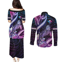 Hawaiian Monk Seal Couples Matching Puletasi and Long Sleeve Button Shirt Kakau Tribal Pattern Violet Gradient LT05 - Polynesian Pride