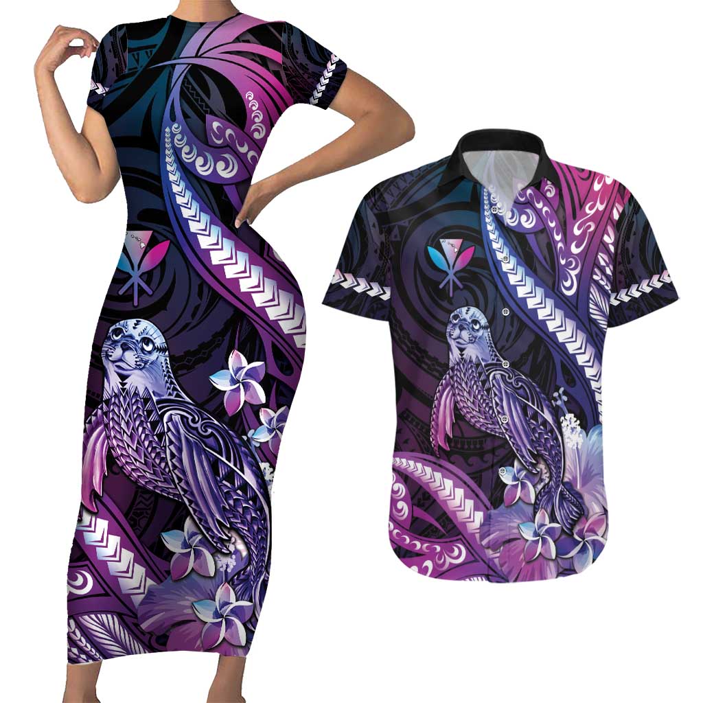 Hawaiian Monk Seal Couples Matching Short Sleeve Bodycon Dress and Hawaiian Shirt Kakau Tribal Pattern Violet Gradient LT05 Violet - Polynesian Pride