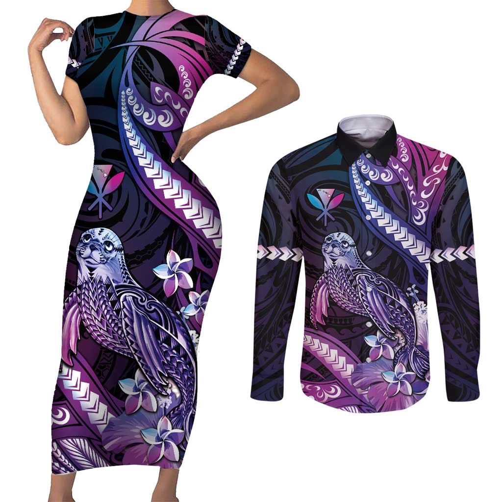 Hawaiian Monk Seal Couples Matching Short Sleeve Bodycon Dress and Long Sleeve Button Shirt Kakau Tribal Pattern Violet Gradient LT05 Violet - Polynesian Pride