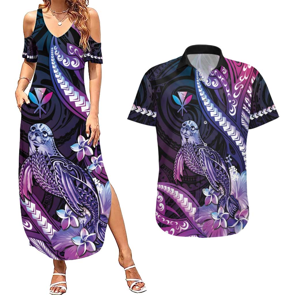 Hawaiian Monk Seal Couples Matching Summer Maxi Dress and Hawaiian Shirt Kakau Tribal Pattern Violet Gradient LT05 Violet - Polynesian Pride