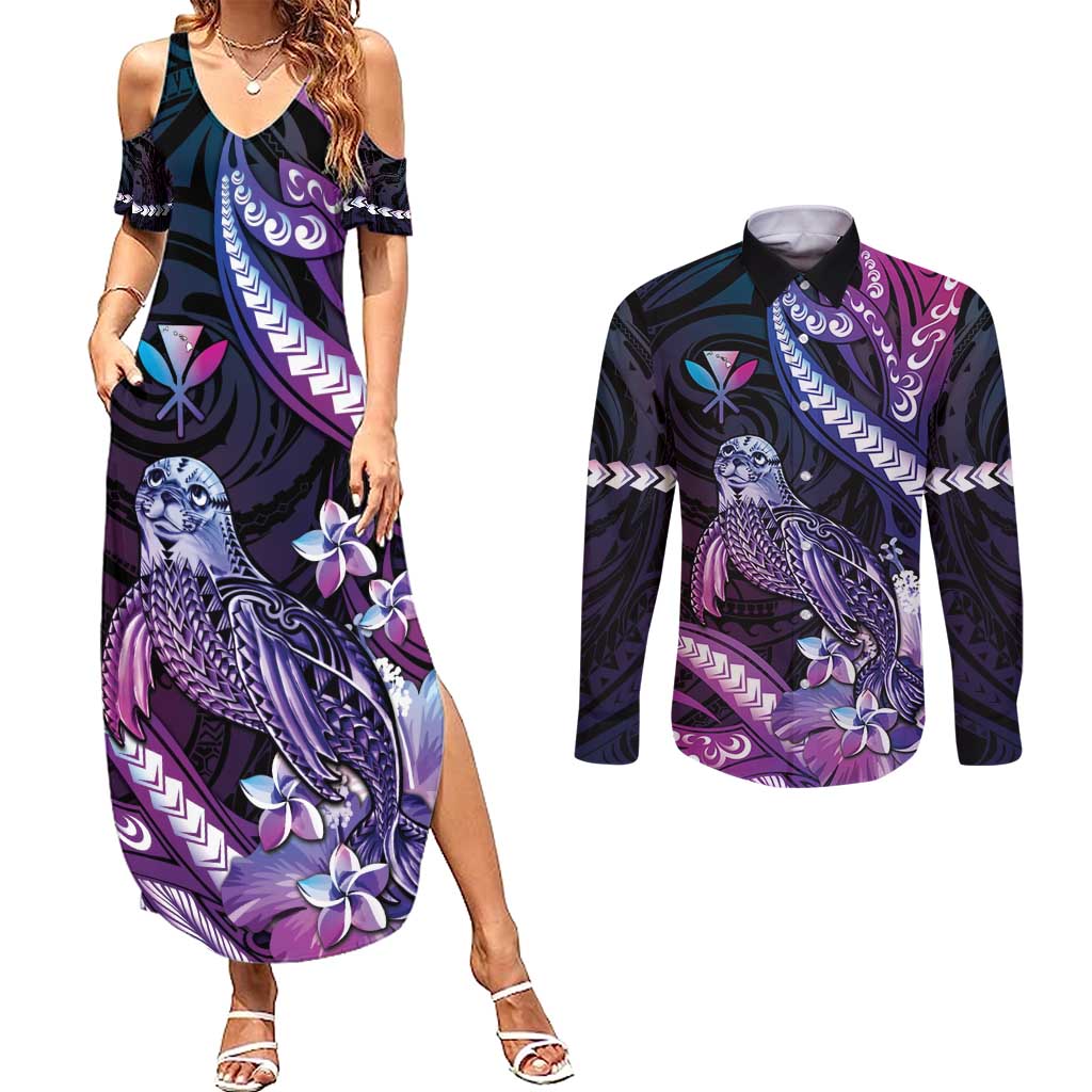 Hawaiian Monk Seal Couples Matching Summer Maxi Dress and Long Sleeve Button Shirt Kakau Tribal Pattern Violet Gradient LT05 Violet - Polynesian Pride