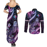 Hawaiian Monk Seal Couples Matching Summer Maxi Dress and Long Sleeve Button Shirt Kakau Tribal Pattern Violet Gradient LT05 - Polynesian Pride