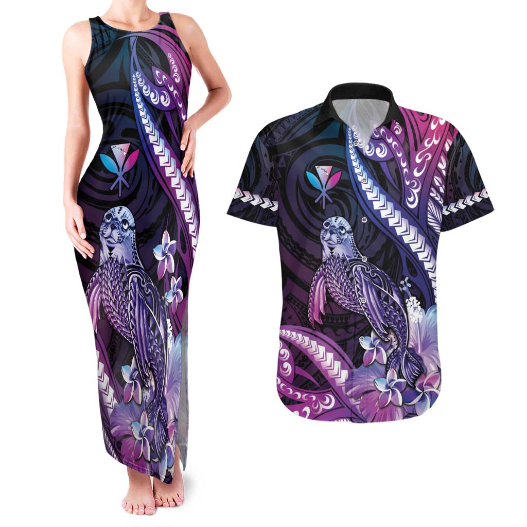 Hawaiian Monk Seal Couples Matching Tank Maxi Dress and Hawaiian Shirt Kakau Tribal Pattern Violet Gradient LT05 Violet - Polynesian Pride