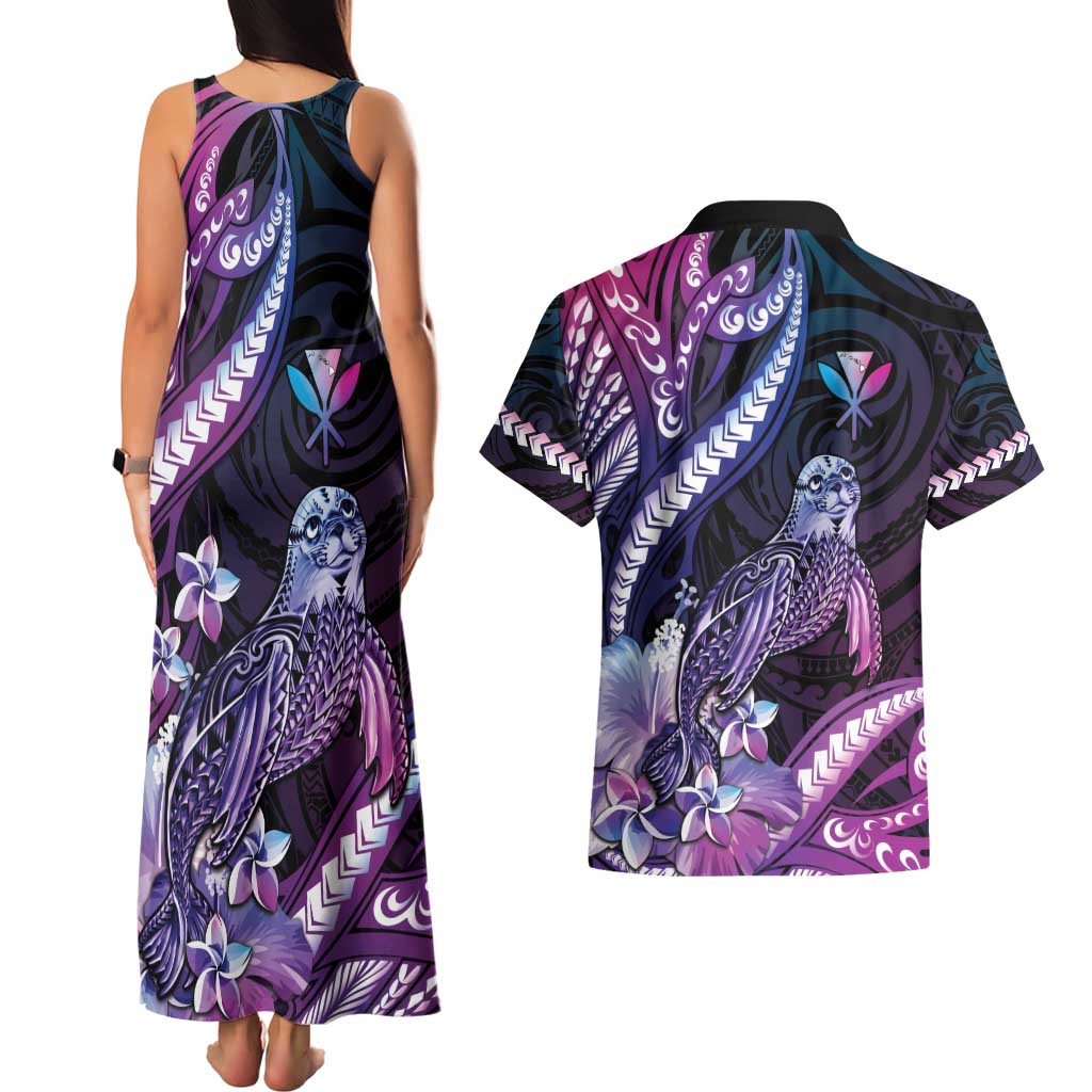 Hawaiian Monk Seal Couples Matching Tank Maxi Dress and Hawaiian Shirt Kakau Tribal Pattern Violet Gradient LT05 - Polynesian Pride