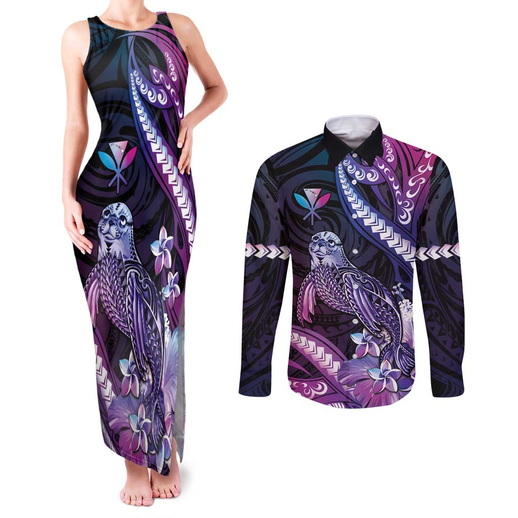 Hawaiian Monk Seal Couples Matching Tank Maxi Dress and Long Sleeve Button Shirt Kakau Tribal Pattern Violet Gradient LT05 Violet - Polynesian Pride