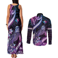 Hawaiian Monk Seal Couples Matching Tank Maxi Dress and Long Sleeve Button Shirt Kakau Tribal Pattern Violet Gradient LT05 - Polynesian Pride