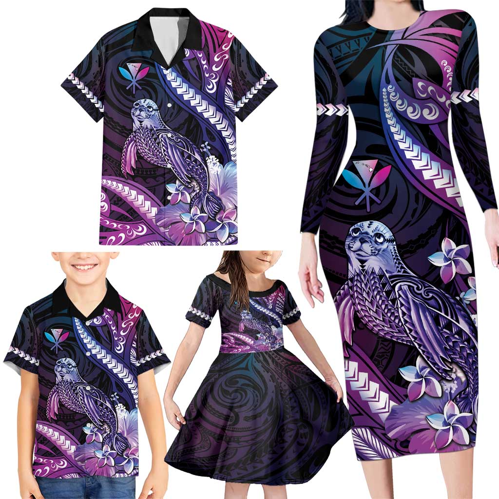 Hawaiian Monk Seal Family Matching Long Sleeve Bodycon Dress and Hawaiian Shirt Kakau Tribal Pattern Violet Gradient