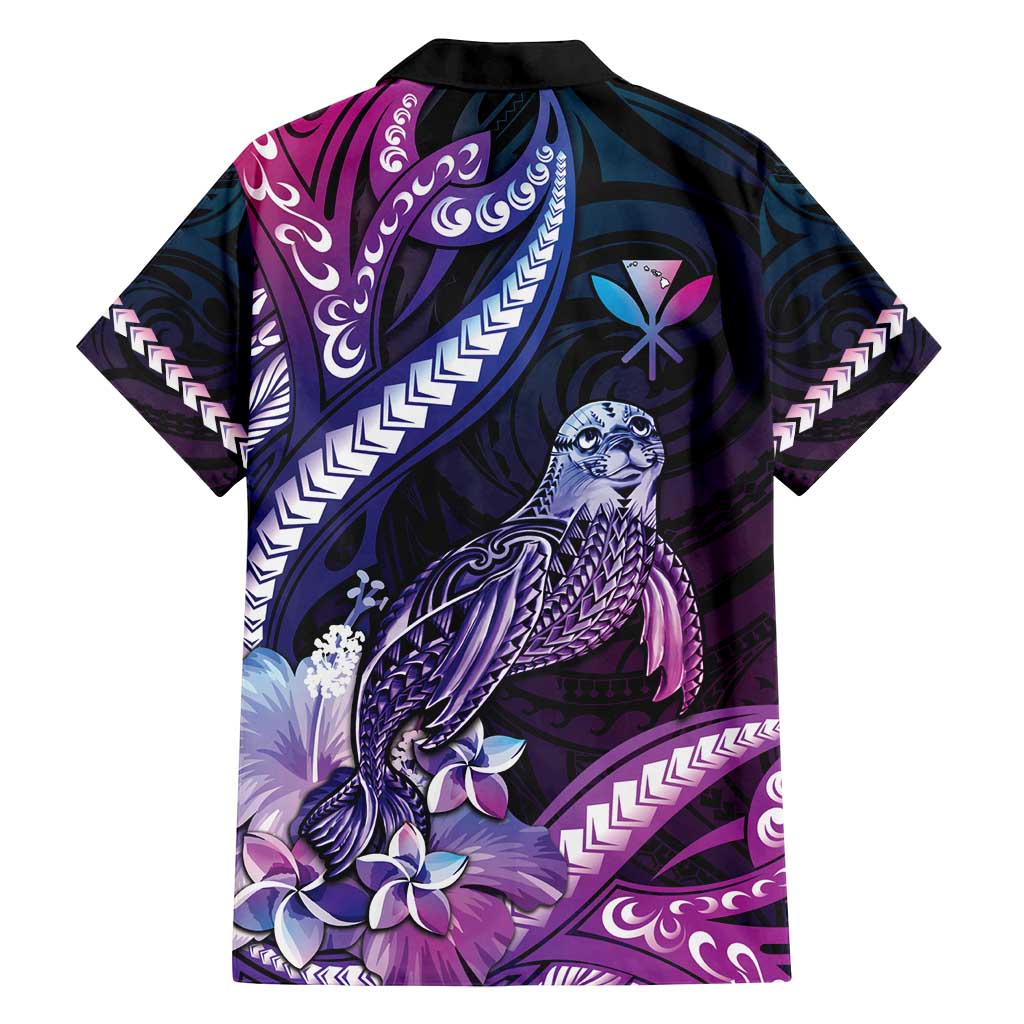 Hawaiian Monk Seal Family Matching Long Sleeve Bodycon Dress and Hawaiian Shirt Kakau Tribal Pattern Violet Gradient