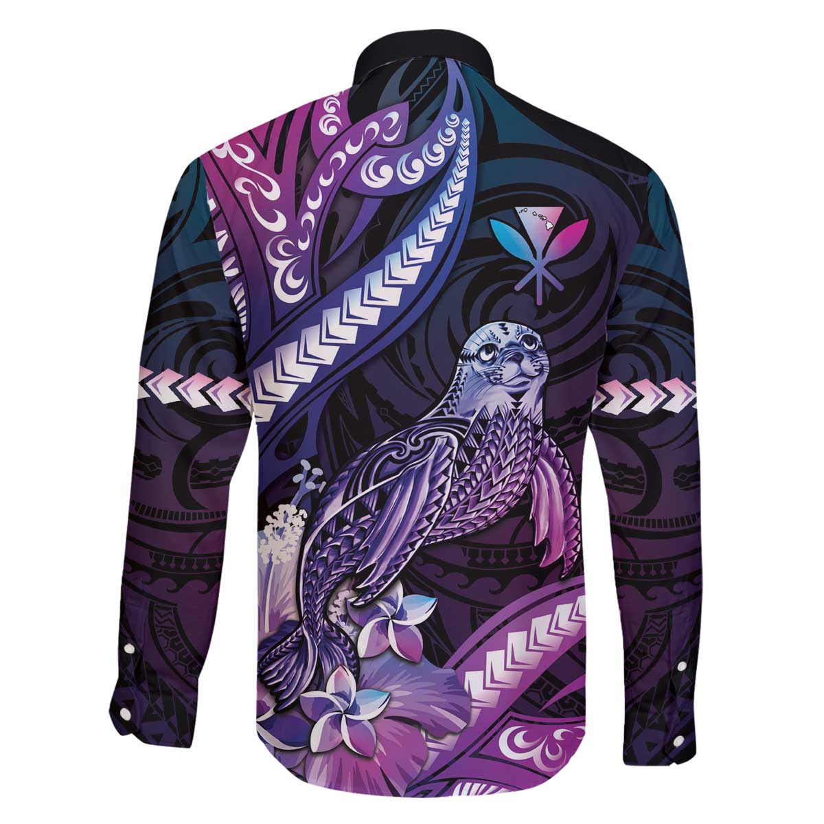 Hawaiian Monk Seal Family Matching Off The Shoulder Long Sleeve Dress and Hawaiian Shirt Kakau Tribal Pattern Violet Gradient