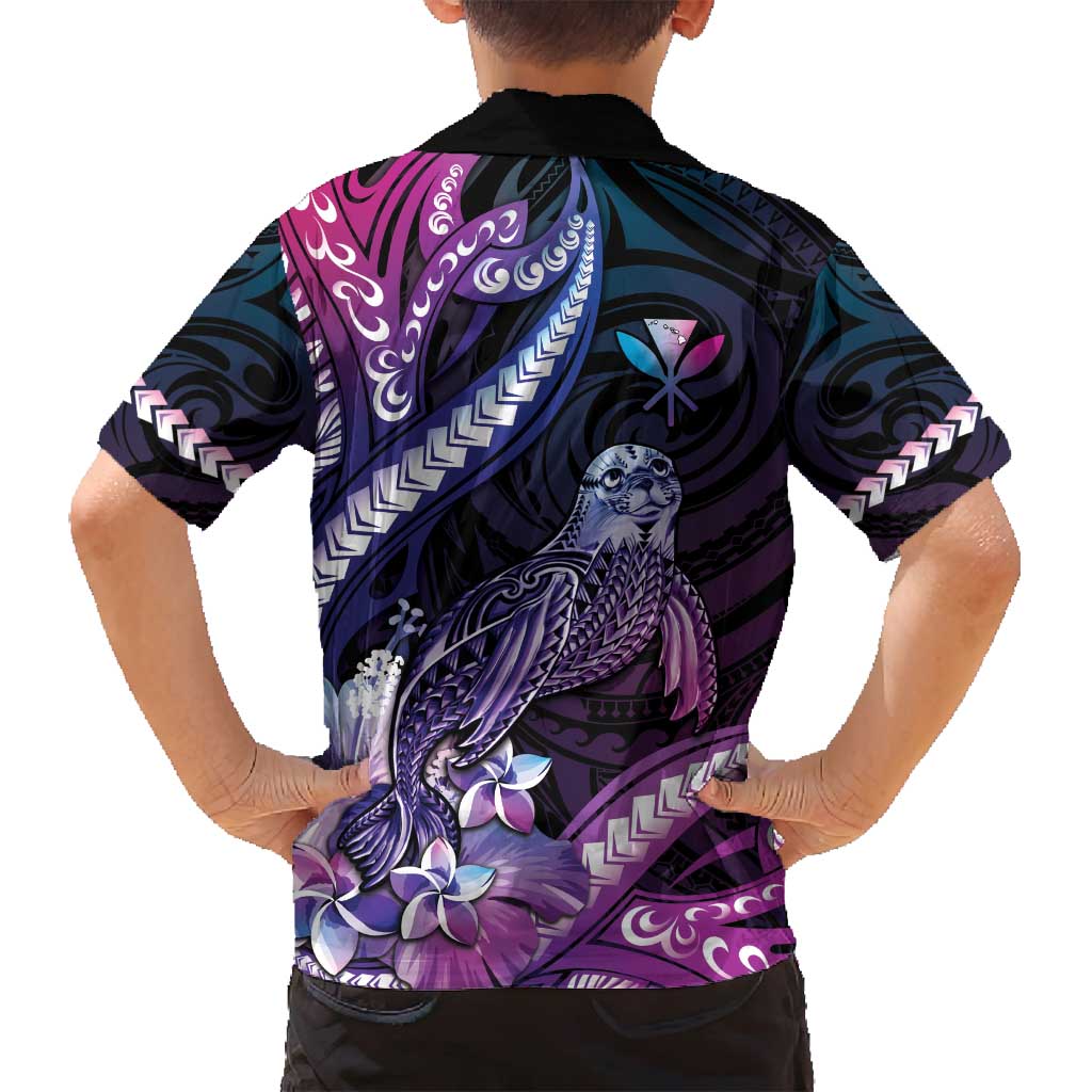 Hawaiian Monk Seal Family Matching Off Shoulder Maxi Dress and Hawaiian Shirt Kakau Tribal Pattern Violet Gradient