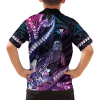Hawaiian Monk Seal Family Matching Off Shoulder Maxi Dress and Hawaiian Shirt Kakau Tribal Pattern Violet Gradient