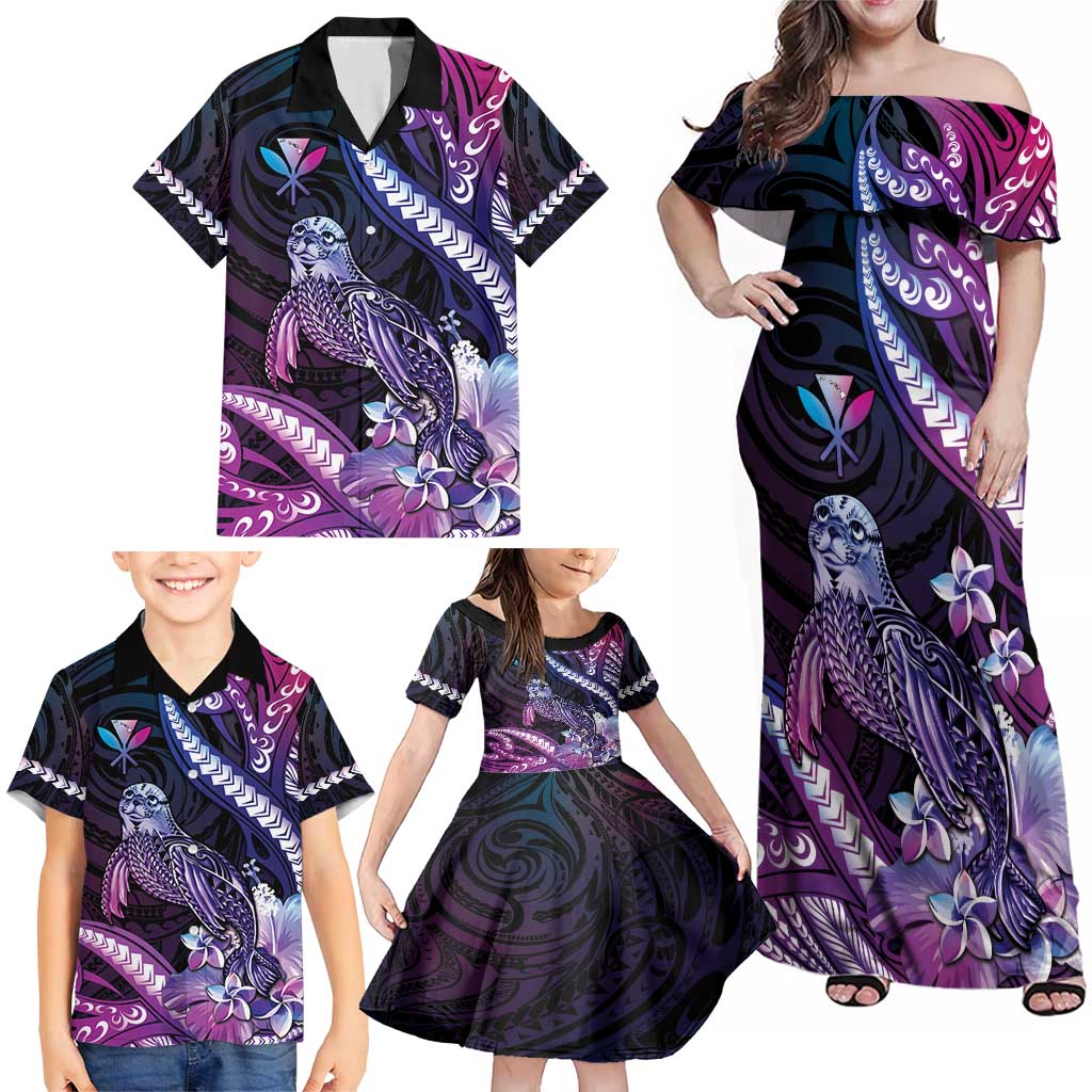Hawaiian Monk Seal Family Matching Off Shoulder Maxi Dress and Hawaiian Shirt Kakau Tribal Pattern Violet Gradient LT05 - Polynesian Pride
