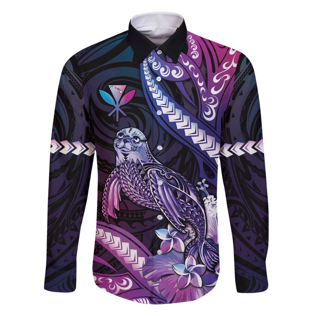 Hawaiian Monk Seal Family Matching Off Shoulder Maxi Dress and Hawaiian Shirt Kakau Tribal Pattern Violet Gradient
