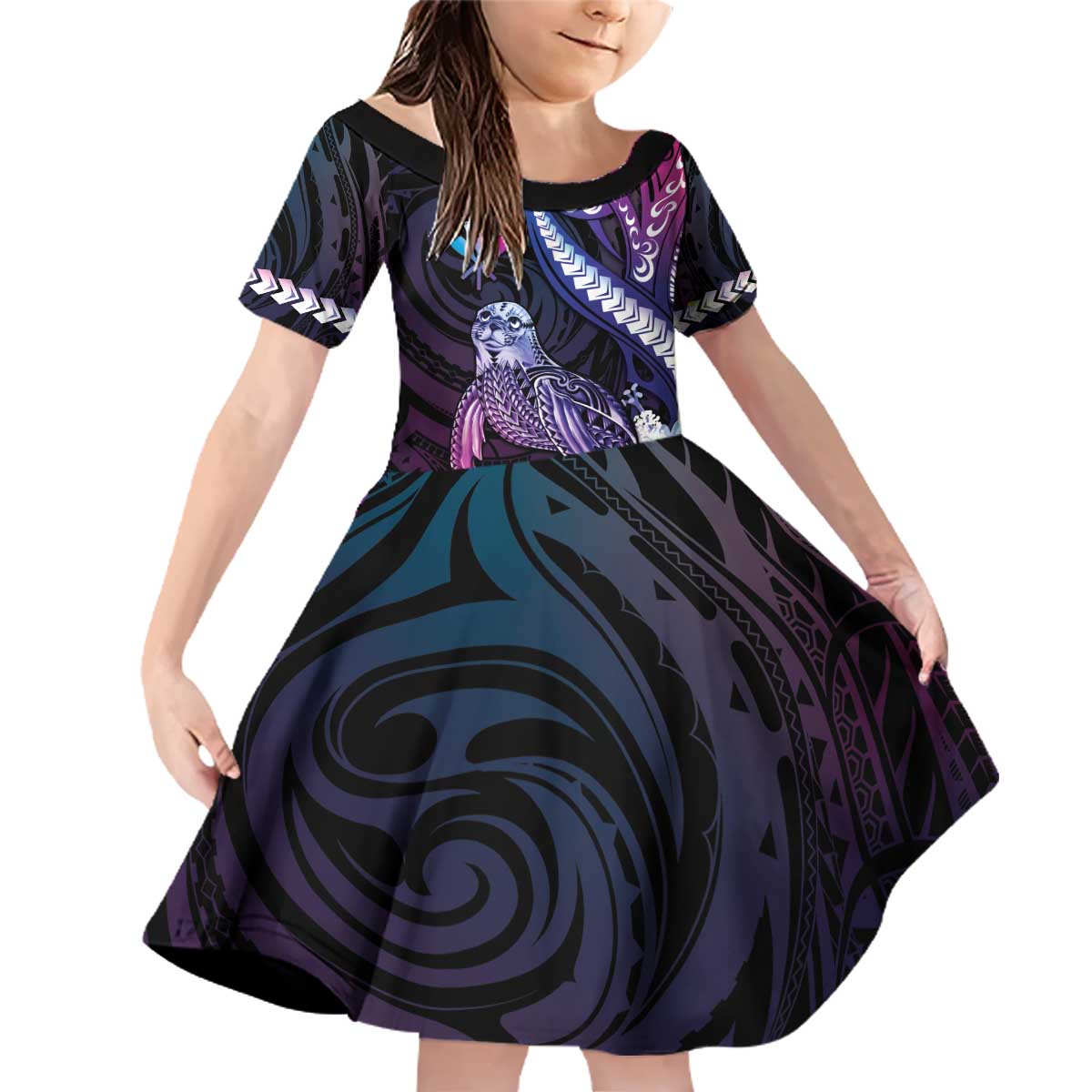 Hawaiian Monk Seal Family Matching Off Shoulder Short Dress and Hawaiian Shirt Kakau Tribal Pattern Violet Gradient LT05 Daughter's Dress Violet - Polynesian Pride