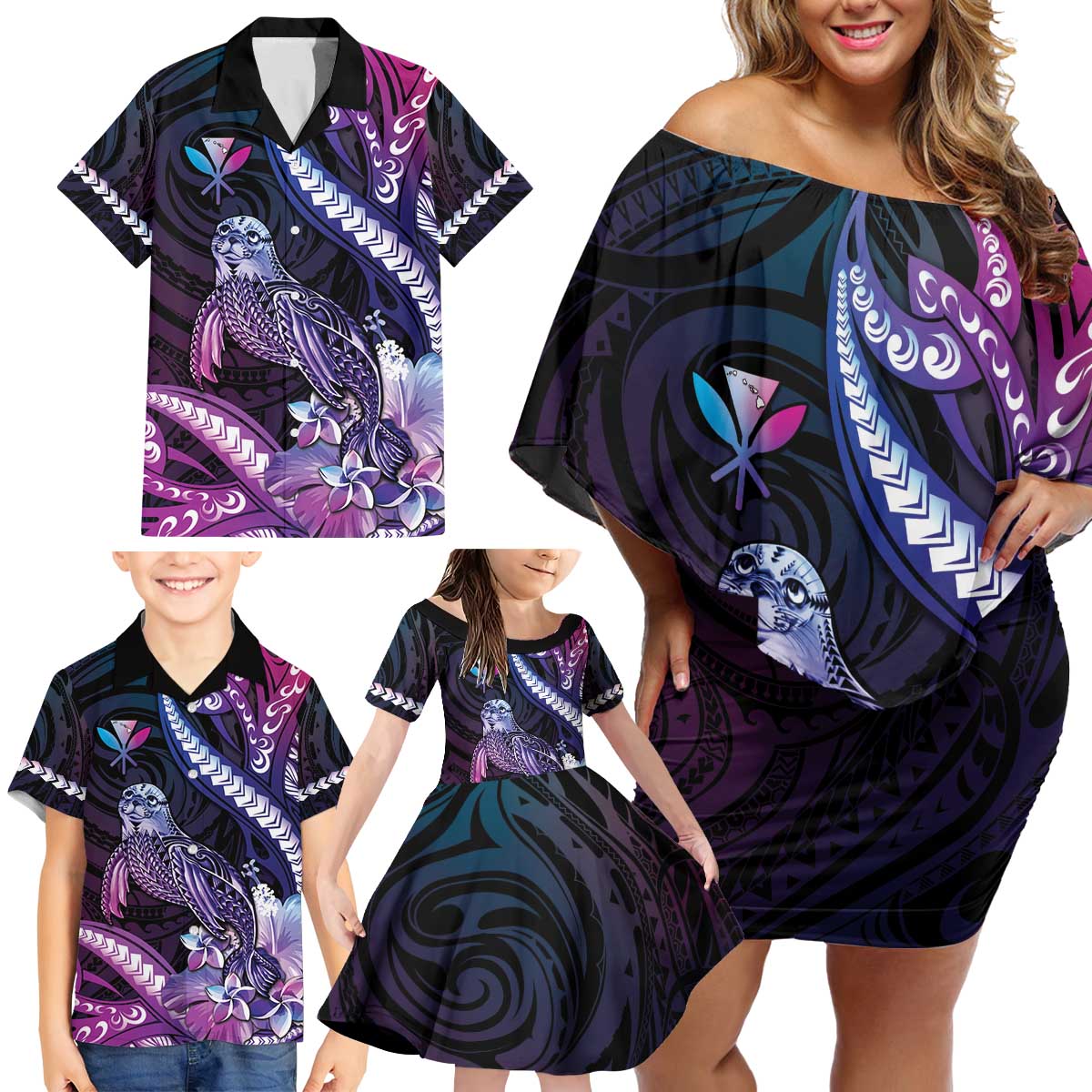 Hawaiian Monk Seal Family Matching Off Shoulder Short Dress and Hawaiian Shirt Kakau Tribal Pattern Violet Gradient LT05 - Polynesian Pride