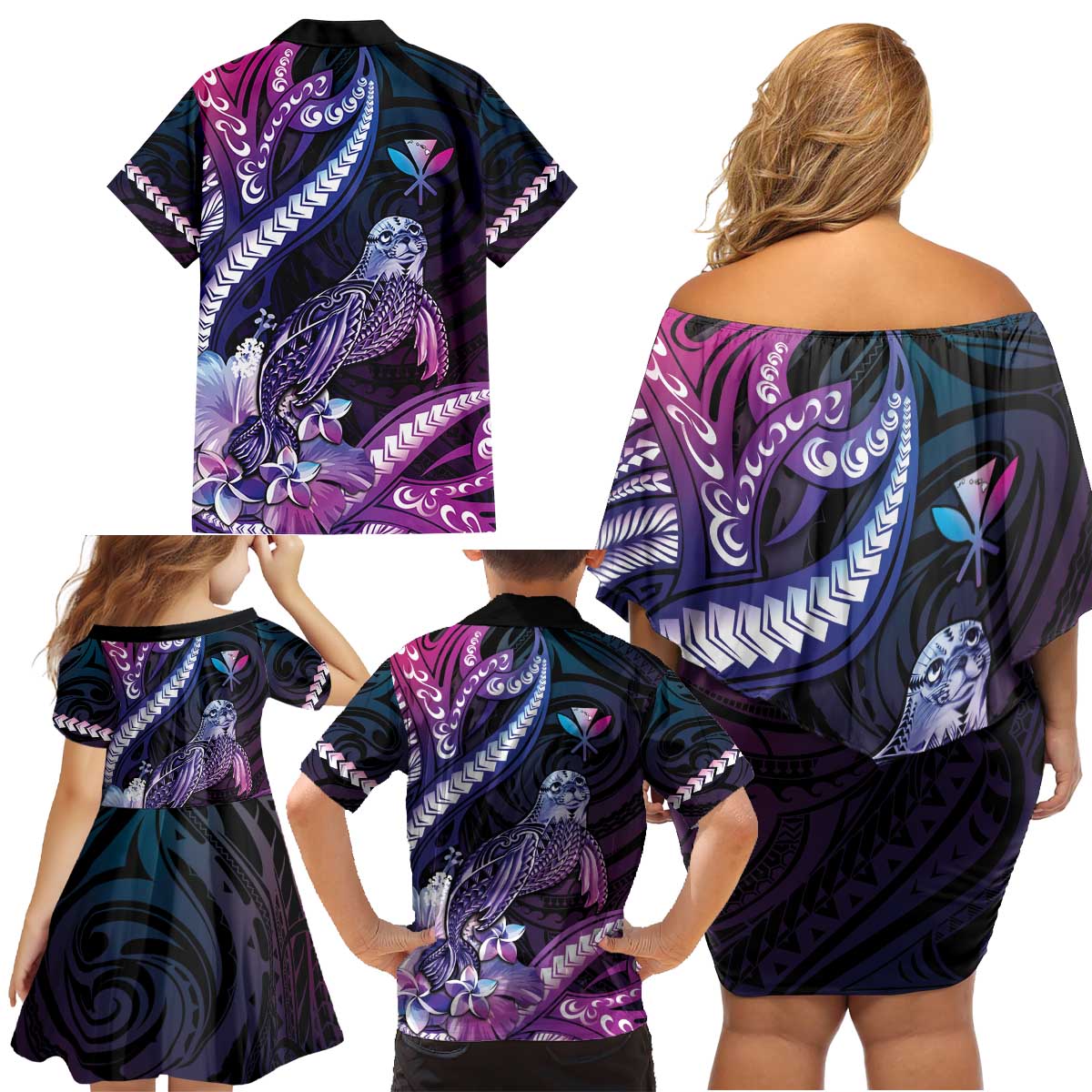 Hawaiian Monk Seal Family Matching Off Shoulder Short Dress and Hawaiian Shirt Kakau Tribal Pattern Violet Gradient LT05 - Polynesian Pride