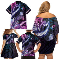 Hawaiian Monk Seal Family Matching Off Shoulder Short Dress and Hawaiian Shirt Kakau Tribal Pattern Violet Gradient LT05 - Polynesian Pride