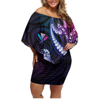 Hawaiian Monk Seal Family Matching Off Shoulder Short Dress and Hawaiian Shirt Kakau Tribal Pattern Violet Gradient LT05 Mom's Dress Violet - Polynesian Pride