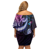 Hawaiian Monk Seal Family Matching Off Shoulder Short Dress and Hawaiian Shirt Kakau Tribal Pattern Violet Gradient LT05 - Polynesian Pride