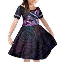 Hawaiian Monk Seal Family Matching Puletasi and Hawaiian Shirt Kakau Tribal Pattern Violet Gradient LT05 Daughter's Dress Violet - Polynesian Pride